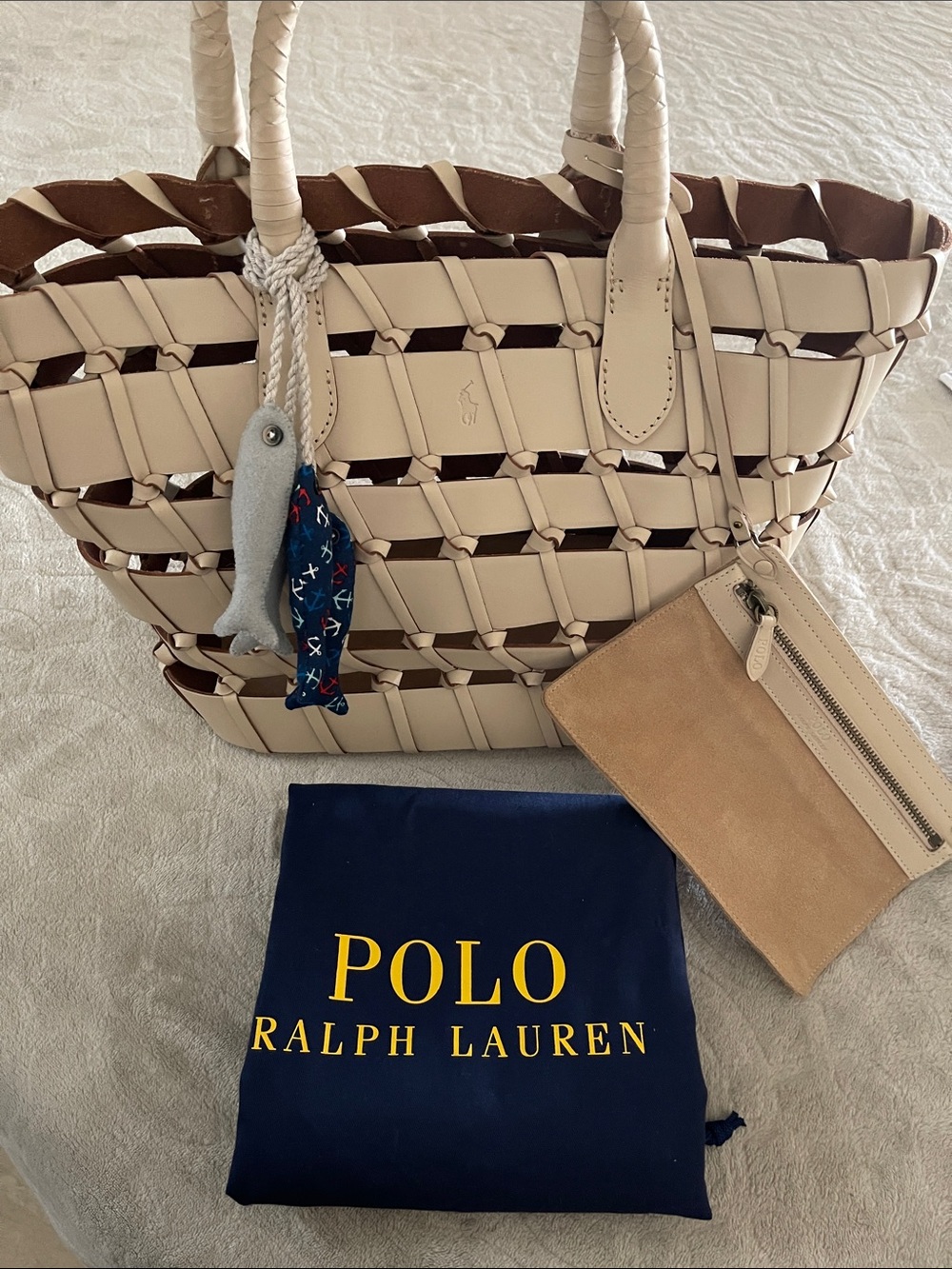 NEW Polo by Ralph Lauren Cream Woven Leather Satchel with pouch - Picture 2 of 12
